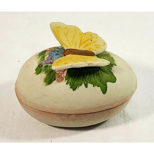 Vintage Ceramic Egg W/ Butterfly Trinket Jewelry Box